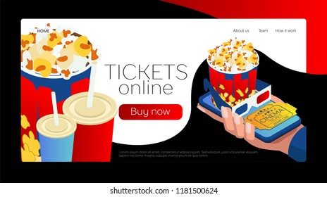 Buy tickets online via smartphone or laptop. It's easy to buy movie tickets. A smartphone in the human hand. Popcorn and soda. Isometric 3d
