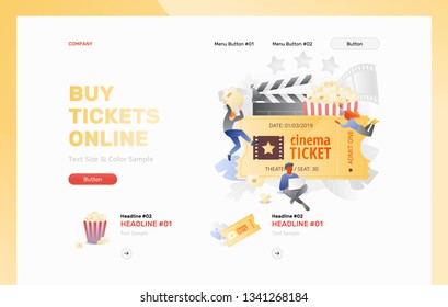 Buy tickets online web header template with tiny cinema viewers around movie ticket. Vector metaphor in modern flat gradient style.