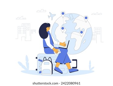 Buy tickets online. Young woman sitting on the suitcase and working with laptop waiting for a flight. Business trip abroad. Digital nomad or freelance travel. Vector illustration.