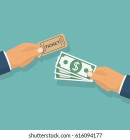 Buy Tickets. People Holding Ticket, Money In Hands. Sale Purchase Transaction. Vector Illustration Flat Design. Isolated Background. Coupon On Concert, Entertainment, Cinema, Theater, Circus, Museum.