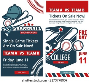 Buy tickets to visit baseball tournaments, single game on sale. Sports event and leisure, flyer for invitation. Entertainment and hobby. Advertisement promotional banner, vector in flat style