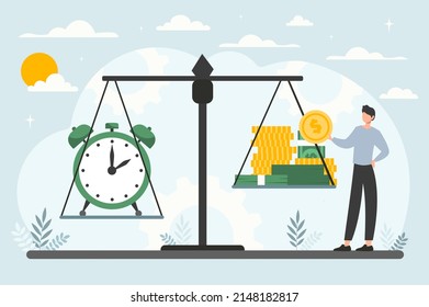 Buy time concept. Man standing next to scale with money on one side and watch on other. Successful entrepreneur or investor, earnings and income growth, manager. Cartoon flat vector illustration