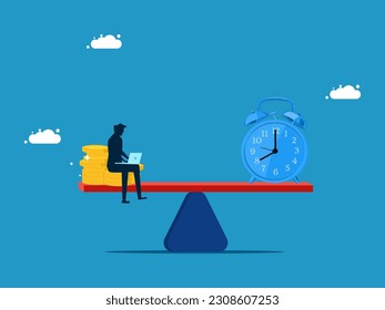 Buy time or opportunity. Businessman with money and clock on the scale