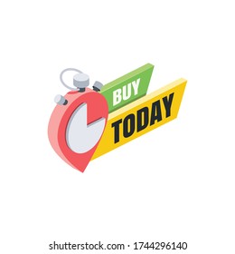 Compra hoy un banner con la etiqueta del pin del reloj. Vector 3d isométrico, icono web de color, nuevo estilo plano. Diseño de ilustraciones creativas, idea gráfica aislada para infografías.