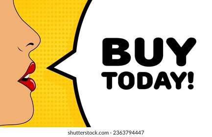 Buy today sign. Flat, color, talking lips, buy today icon. Vector icon