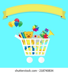 Buy Toys. Shopping cart full of toys. Colorful artwork. Blank ribbon for insert text.