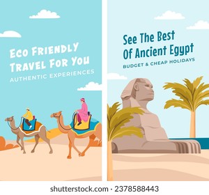 Buy trip to ancient Egypt and watch Sphinx tourist landmarks. Join guided tours that prioritize eco friendly transportation. Promotional banner or advertisement poster, vector in flat styles