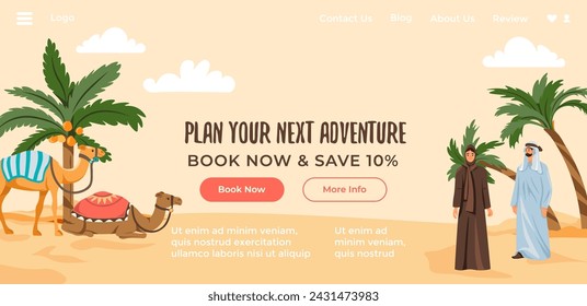 Buy trip to Egypt and get adventurous journey. See tourist landmarks and try camel riding. Plan your next adventure through desert landscapes. Website landing page, internet site. Vector in flat style