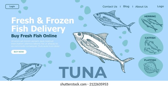 Kaufen Sie Thunfisch online im Shop, frischen und gefrorenen Fisch Lieferung und Bestellung auf der Website mit Informationen über das Produkt. Diät und Ernährung, Mahlzeit und Ernährung. Monochrome Vektorgrafik im Flachstil