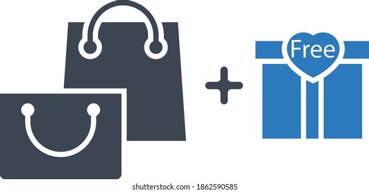 Buy Two Get Free Sale Promotion Concept Vector Icon, Design, Two Shopping Bags and Surpise Gift Item for Free Concept, Black Friday and Cyber Monday Sale Symbol on White background, 2 plus 1 Offer