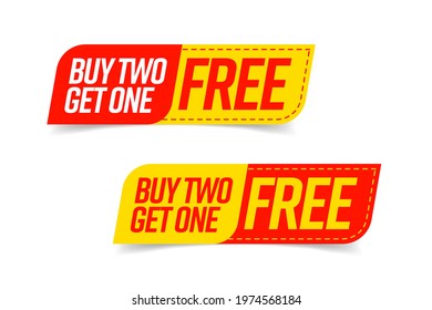 Buy two get one free template voucher or coupon set. Special shop store discount tag, sticker, label to buy three product for price of one vector illustration isolated on white background