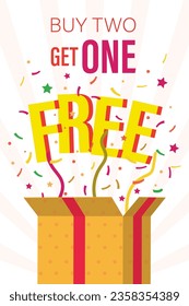 Compra dos y consigue uno gratis. Bonus, caja de regalo sobre fondo blanco. Afiche del premio ganador. Premio, celebración. ganar caja de regalo. Banner extra de la etiqueta de bonificación. Regalo sorpresa. Campaña de promoción, marketing. vector plano