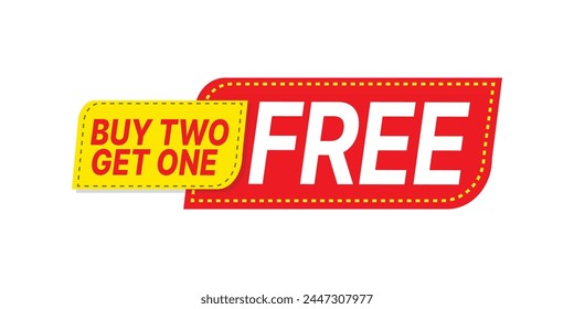 Buy two get one free template voucher or coupon set. Special shop store discount tag, sticker, label to buy two product for price of one vector illustration isolated on white background.