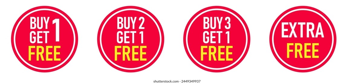 Buy Two Get One Free sale tags, Promotion discount isolated on white background, Discount speech bubble tag, Banner design template for advertising. Special offer, retail. Vector and Illustration.