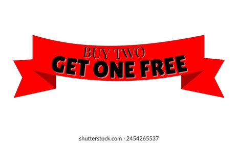 buy two get one free red ribbon vector with white background