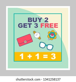 Buy two get three social media posts mockup. Special offer. Advertising web banner design template. Social media booster, content layout. Isolated promotion border, frame with headlines, linear icons