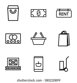 buy vector icons. Set of 9 buy outline icons such as credit card, shopping bag, cart cargo, cargo on palette, rent tag, money, shopping basket