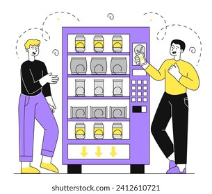 Buy from vending machine linear concept. Two men buying snacks, cocktails and chipd. Young guys near apparatus for saling. Doodle flat vector illustration isolated on white background