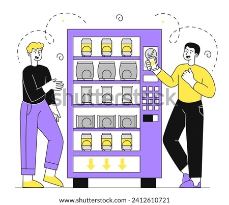 Buy from vending machine linear concept. Two men buying snacks, cocktails and chipd. Young guys near apparatus for saling. Doodle flat vector illustration isolated on white background