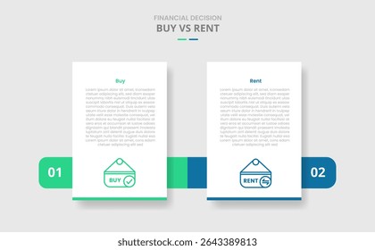 comparação de compra vs aluguel para infográfico com caixa vertical e caixa horizontal através do estilo de sombra projetada com vetor de informação de lista de dois pontos