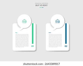 comparação de compra vs aluguel para infográfico com caixa de discussão de texto explicativo em cima do estilo de sombra de caixa vertical redonda com vetor de informações de lista de dois pontos