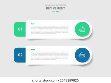 comprar vs alugar comparação para infográfico com retângulo redondo com emblema círculo estilo de sombra projetada com vetor de informação de lista de dois pontos