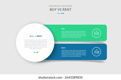 comprar vs alugar comparação para infográfico com grande círculo e caixa redonda retângulo pilha estilo de sombra vertical com vetor de informação de lista de dois pontos