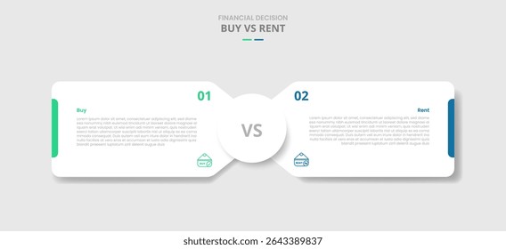 buy vs rent comparison for infographic with round box container with circle center opposite direction drop shadow style with two point list information vector