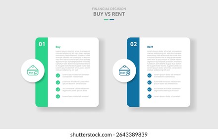 comprar vs alugar comparação para infográfico com contêiner caixa redonda com emblema círculo e lista lado emblema sombra estilo com vetor de informação de lista de dois pontos
