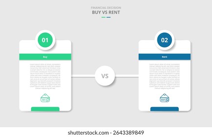 comparação comprar vs alugar para infográfico com caixa redonda vertical com emblema círculo em cima com estilo de sombra projetada com vetor de informação de lista de dois pontos