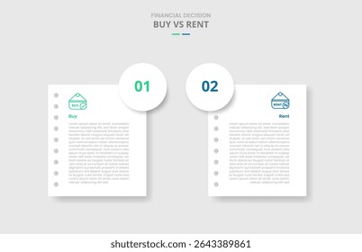 comprar vs alugar comparação para infográfico com página de papel com distintivo de círculo grande na borda com estilo de sombra projetada com vetor de informação de lista de dois pontos