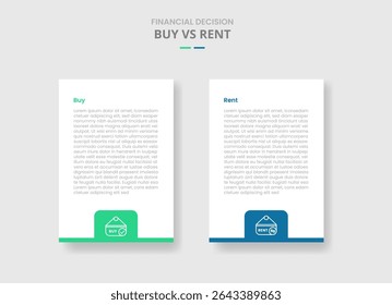 comprar vs alugar comparação para infográfico com caixa vertical com emblema no estilo de sombra projetada inferior com vetor de informação de lista de dois pontos
