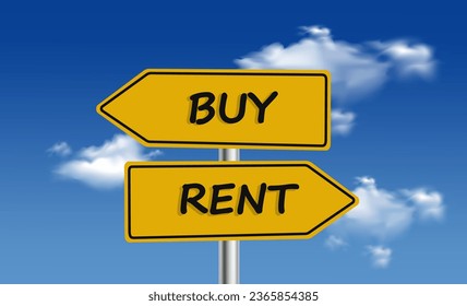 Buy vs rent, Buy or rent Signpost message on sky background vector illustration