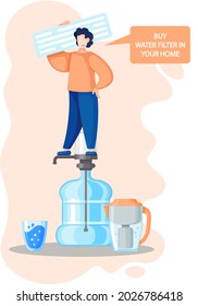 Buy water filter for cleaning tap water from mechanical, insoluble particles, impurities, chlorine and its derivatives. Household filter and bottles with pure water. Health care and healthy lifestyle