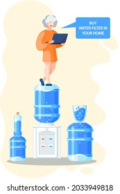 Buy water filter for cleaning tap water from mechanical, insoluble particles, impurities, chlorine and its derivatives. Household filter and bottles with pure water. Health care and healthy lifestyle