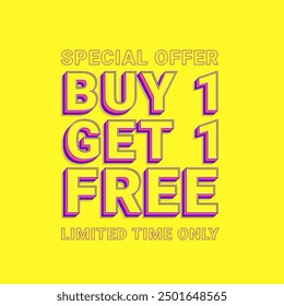 Buy1 Get 1 Free Special offer. Promotion Discount banner. Banner design template for marketing. Special offer promotion or retail. Purple and Yellow typography 3D Text minimal on yellow Background