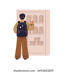 Buyer with backpack chooses products on supermarket shelves back view. Customer takes goods from rack in market to buy. Person shopping in grocery store. Flat isolated vector illustration on white