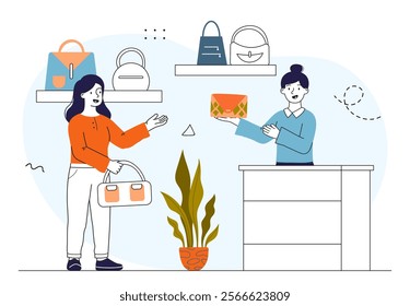 Buyer in bag shop. Woman buys fashionable bag. Retail occupation. Shopping mall or boutique. Aesthetics and elegance, fashion, trend and style. Linear vector illustration