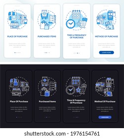 Buyer behavior patterns onboarding mobile app page screen with concepts. Sale point walkthrough 4 steps graphic instructions. UI, UX, GUI vector template with linear night and day mode illustrations