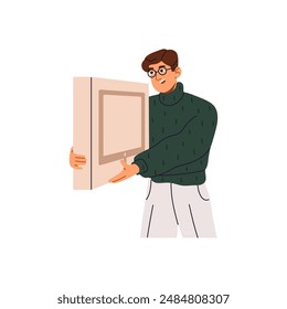 Buyer carries household appliances in cardboard box. Customer holds purchase for home in hands. Happy man shopping, buys display, TV on sale in retail store. Flat isolated vector illustration on white