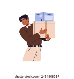 Buyer carries pile of cardboard boxes with gifts. Customer with lots of purchases from sale in retail store. Happy man holds cartons to move. Flat isolated vector illustration on white background