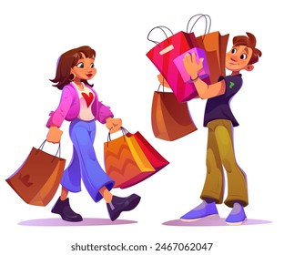 Buyer character after shopping in mall. Happy woman shopper with supermarket bag. Family illustration set as consumer carrying package and purchase gift in market. Excited guy hold bags isolated