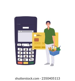 Buyer character using pos terminal and bank credit for payment and grocery shopping purchases