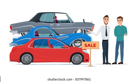 Buyer chooses a new car of the three proposed manager. Business cartoon concept. Vector illustration isolated on white background in flat style.