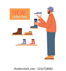 Buyer Chooses Shoes From The New Collection. Fast Fashion And Conscious Consumption, Spontaneous Purchases Flat Vector Illustration Isolated On White Background.