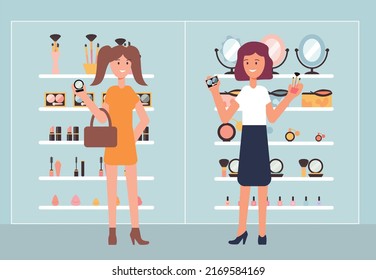 Buyer is choosing decorative cosmetics in a store with female sales assistant and holds compact powder in a hand. The customer is looking for beauty product in shelf. Flat vector illustration