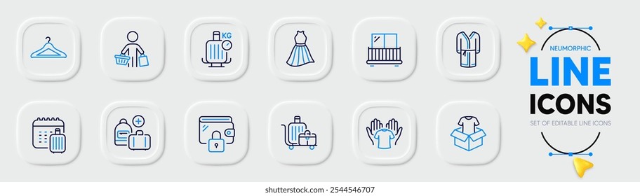 Buyer, Cloakroom and Dress line icons for web app. Pack of Baggage calendar, Wallet, Clothing pictogram icons. Hold t-shirt, Balcony, Baggage scales signs. Bathrobe, Add handbag. Vector