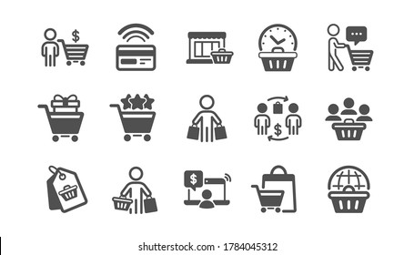 Buyer customer icons set. Group of people, contactless payment and shopping cart. Store, buyer loyalty card, client ranking set icons. Shopping timer, phone payment, currency. Quality set. Vector