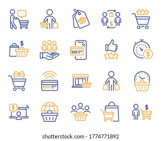 Buyer customer line icons. Contactless payment card, shopping cart and group of people. Store, buyer loyalty card, client ranking set icons. Shopping timer, phone payment, currency. Vector