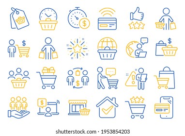 Buyer customer line icons. Contactless payment card, shopping cart and group of people. Store, buyer loyalty card, client ranking set icons. Shopping timer, phone payment, currency. Vector